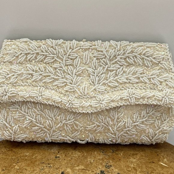 Vintage Stunning White Sequin Beaded Handmade Front Flap Clutch Purse Hong Kong - Picture 13 of 13